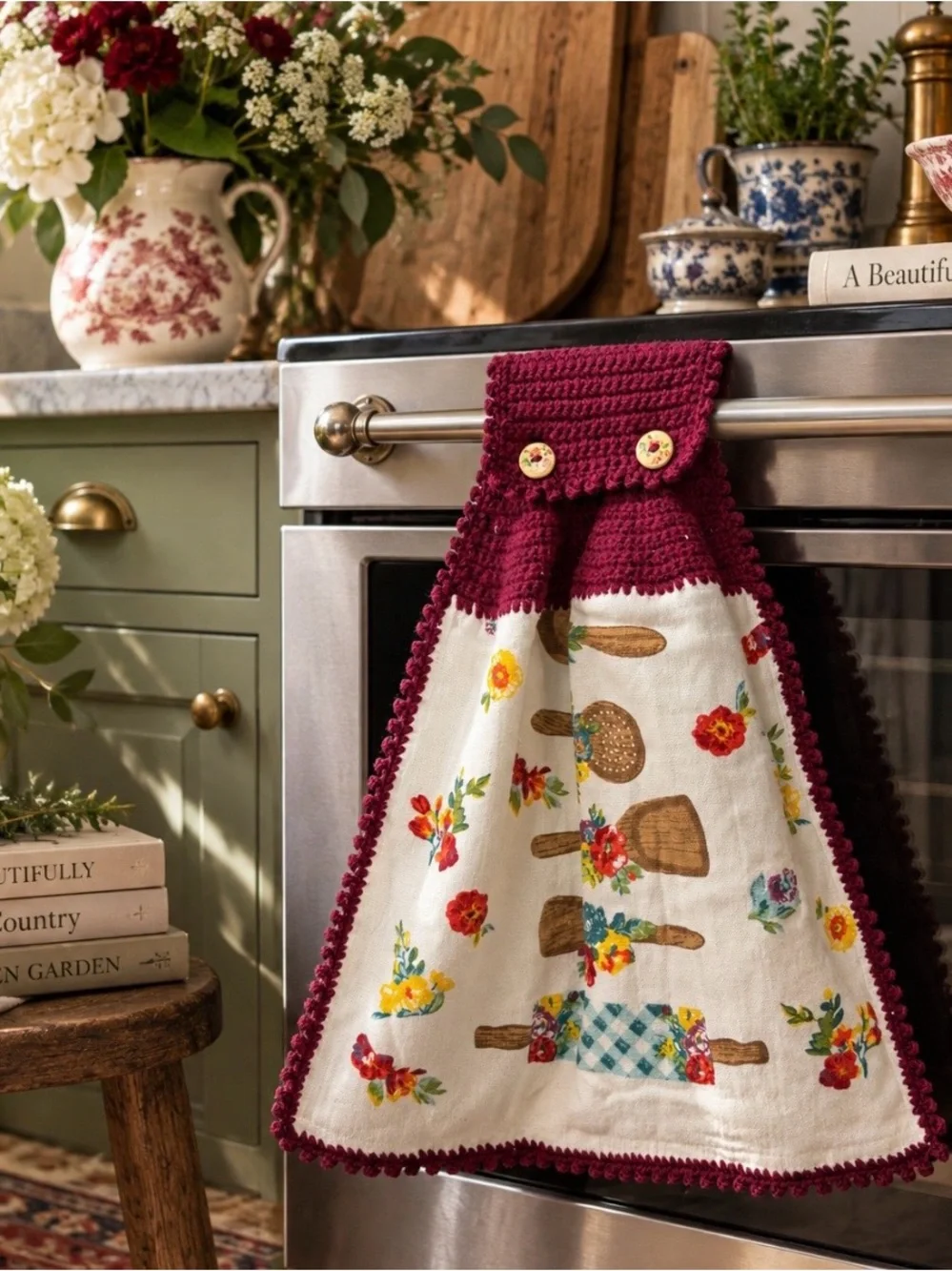 Handmade Crochet Hanging Kitchen Towel Burgundy Floral Utensils